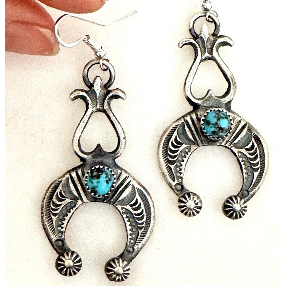 Navajo Naja Earrings Turquoise 2.5in Sterling 925 Squash Blossom Hook Nugget USA